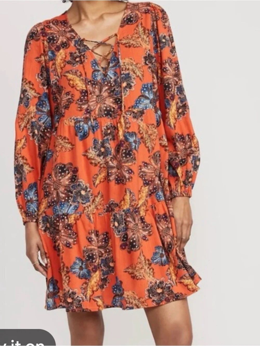 0167 Old Navy Floral Lace-Up Mini Dress in Orange with Blue Accents